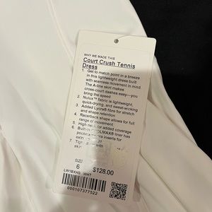 Lululemon White Tennis Dress Size 6 NWT. Court Crush Tennis Dress